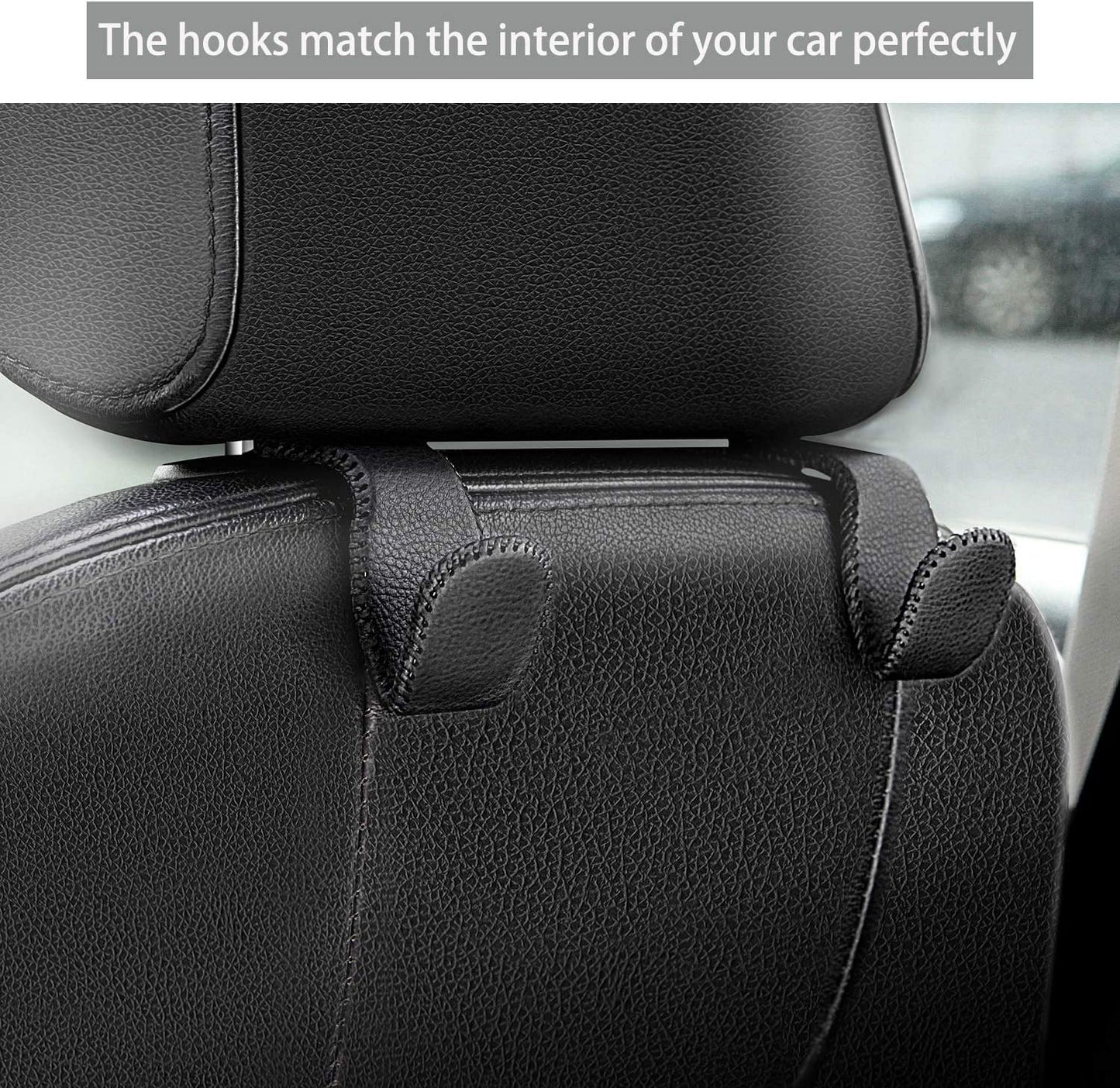 Headrest Hooks for Car, Back Seat Organizer Black Leather Hanger Holder Hook, for Hanging Purses and Bags and Coats , Pack of 2