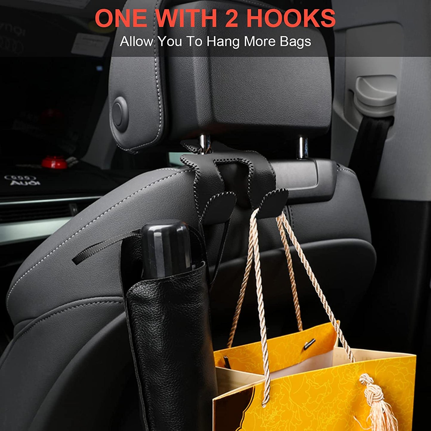 【2021 Upgraded】Car Purse Hook, 2 in 1 Car Seat Headrest Hooks Durable Hanger Storage Holder Leather Organizer for Hanging Grocery Bags, 1 Pack