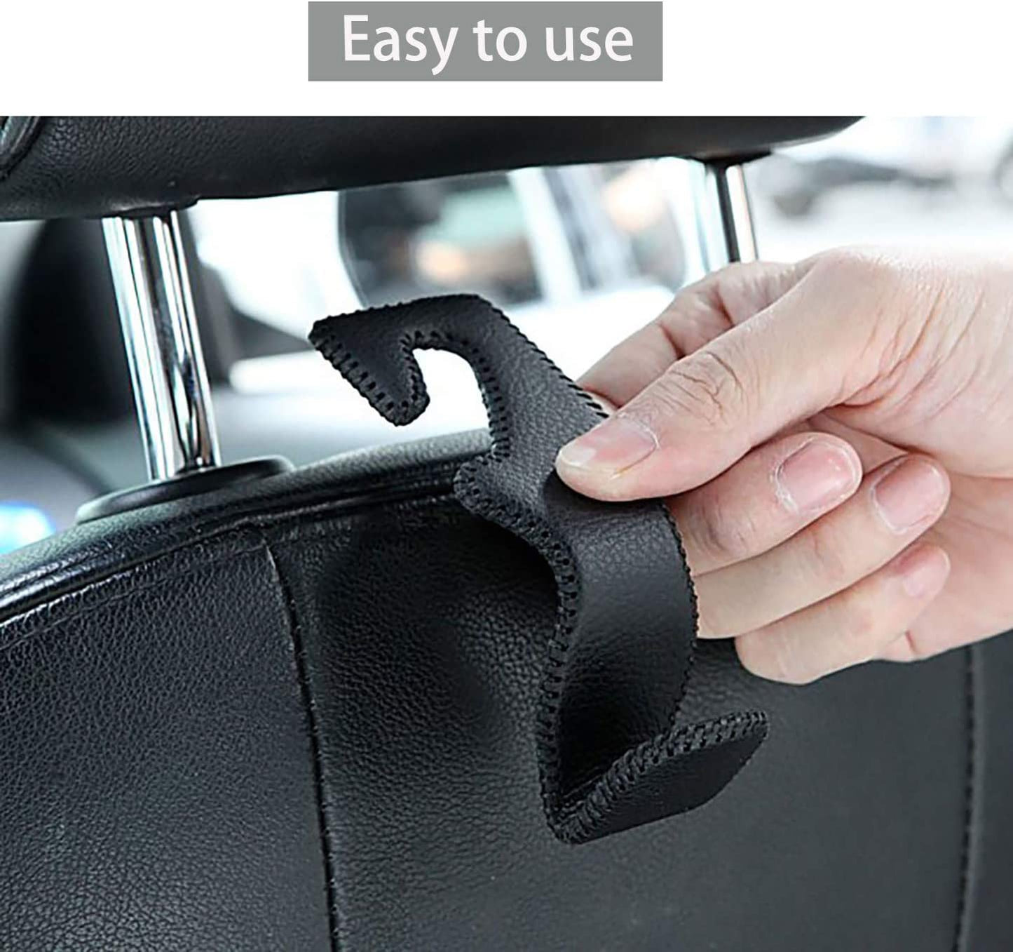 Headrest Hooks for Car, Back Seat Organizer Black Leather Hanger Holder Hook, for Hanging Purses and Bags and Coats , Pack of 2