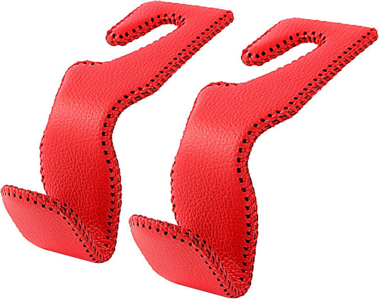 AMVOYOA Car Hooks for Purses and Bags, Car Back Seat Headrest Hanger Vehicle Red Superior Leather Storage Hook, Pack of 2